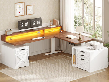 Farmhouse L Shaped Standing Desk, 70.1" x 73.2" Height Adjustable Home Office Executive Desk with Drawers, Power