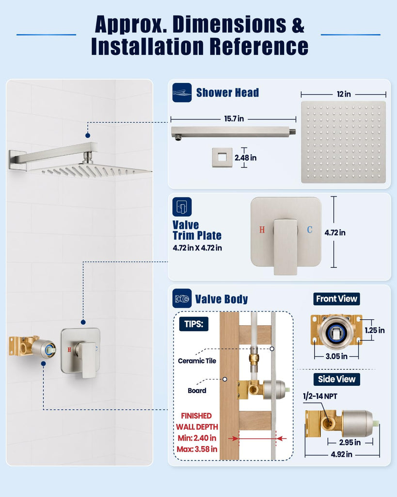 12 Inch Square Rain Shower Faucet Set with Valve, Brushed Nickel