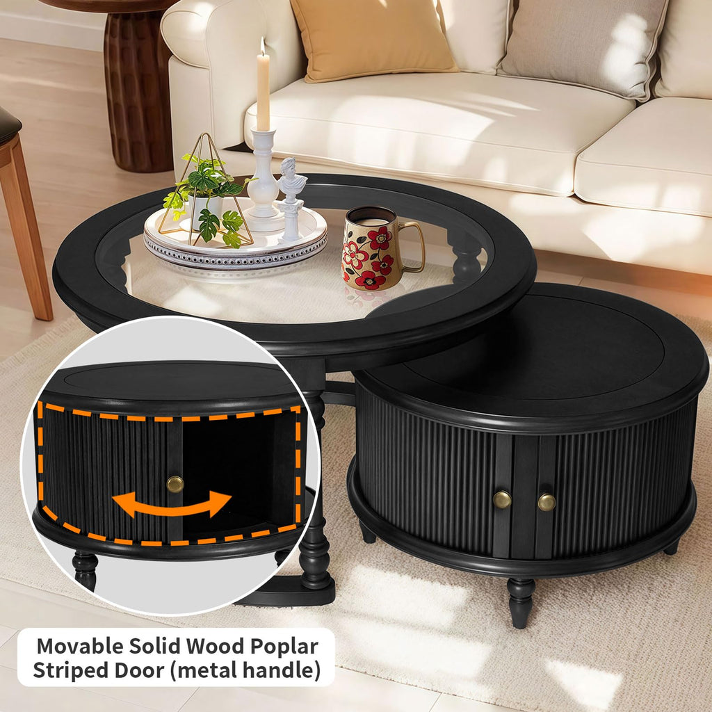 Nesting Coffee, Round Tempered Glass Solid Wood Nest Coffee Tables with Storage, Retro Small Accent Center for Small
