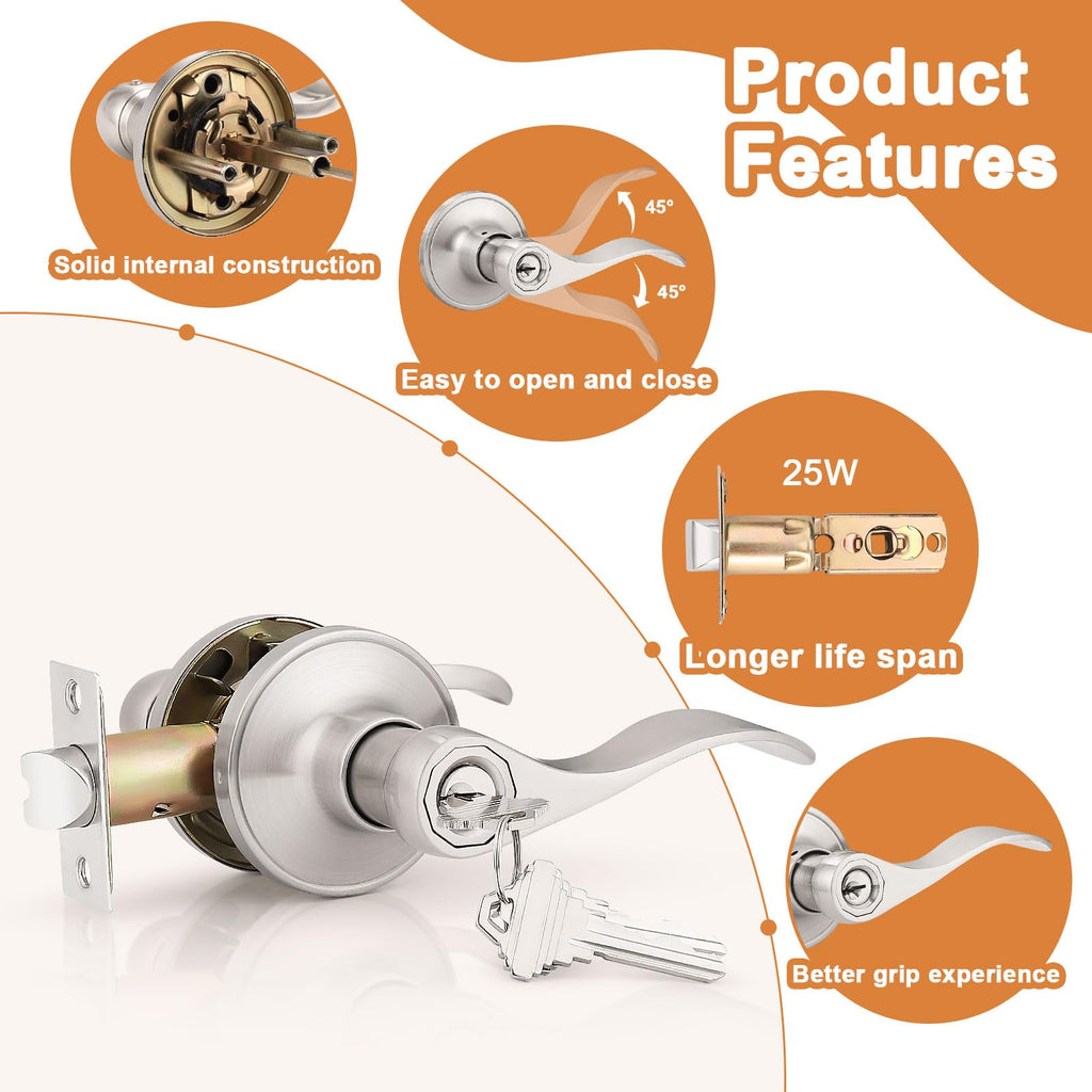 10 Pack Keyed Alike Entry Levers, Wave Style Satin Nickel Entry Locksets, Exterior Interior Door Levers with Lock and