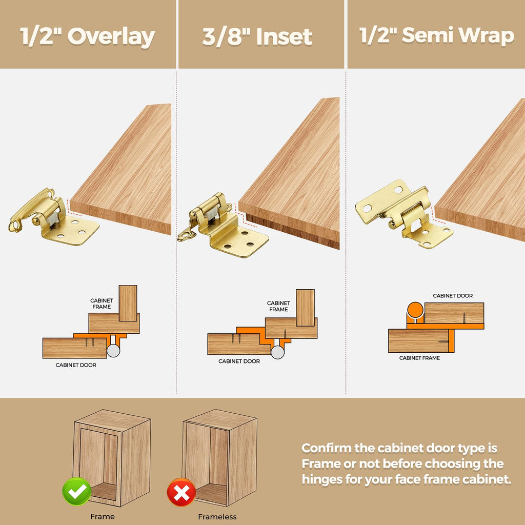 4 Pack 2 Pair Gold Cabinet Hinges, 1/2" Overlay Semi-Concealed Hinges
