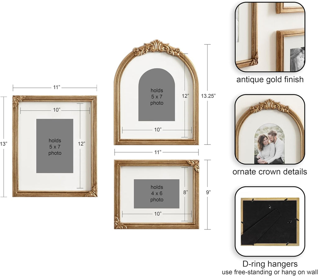 Arendahl Three-Piece Picture Frame Set, Antique Gold, Set of 3, Varying Sizes, Vintage Rectangle and Arched Photo