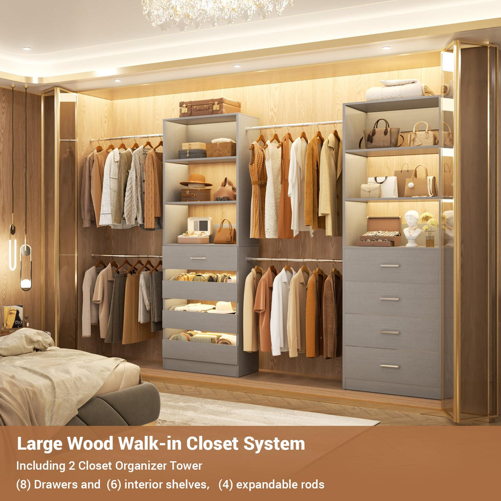 Closet System, 6-15Ft Closet Organizer with 8 Wooden Drawers