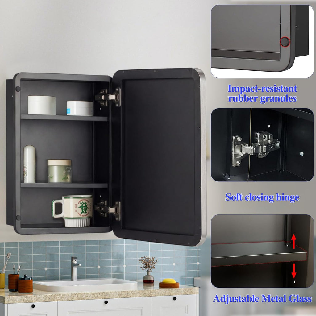 16" x 20" Bathroom Medicine Cabinet with Mirror Door, Brushed Nickel Stainless Steel Frame, Recessed or Surface