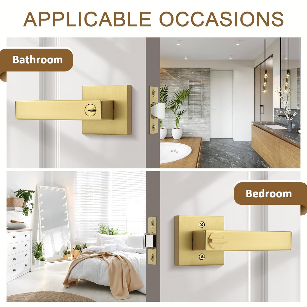 6 Pack Gold Entry Door Handles,Satin Brass Heavy Duty Interior Front Door Handles with Keys, Entrance Exterior