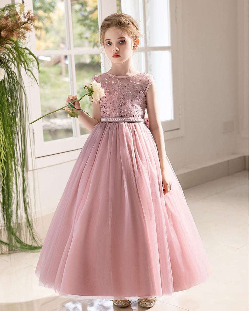 Sequin Tulle Dress Formal Pageant Sparkly Birthday Party Wedding Guest Ball Gown Dresses with Bow