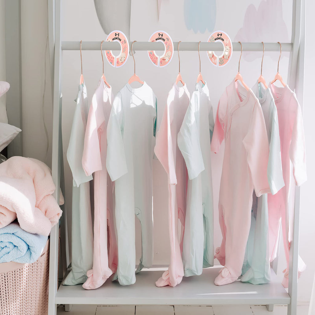 Velvet Baby Hangers with 6 Pcs Size Dividers, 11 Inch, Pink, 30 Pcs