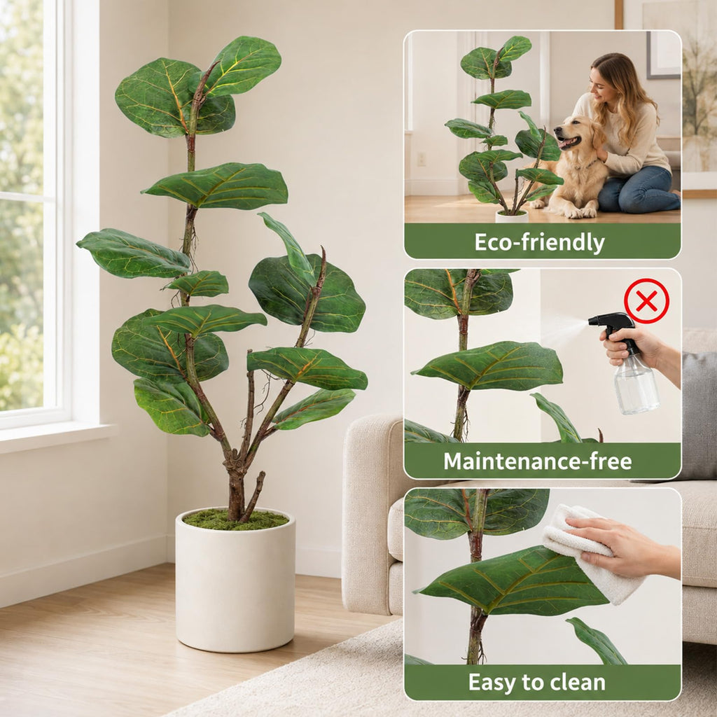 Faux Fiddle Leaf Fig Tree, 4 Ft Artificial Ficus Audrey Plant with Realist Aerial Roots, Fake Plants Indoor with Pot