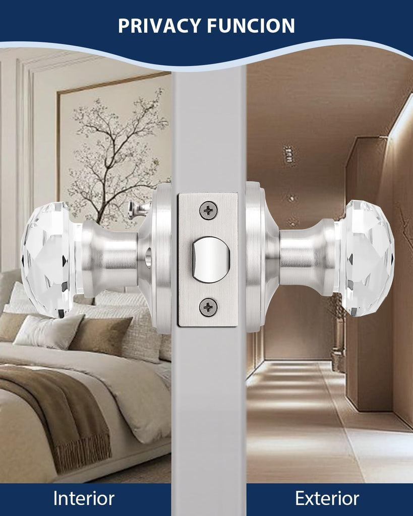 5 Pack Privacy Door Knobs, Clear Glass Door Handles with Satin Nickel Finish, Crystal Interior Door Handles for
