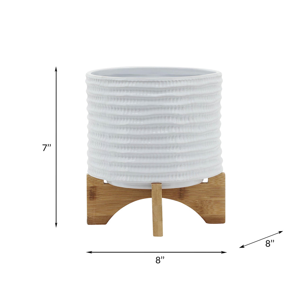 Ceramic Planter with Bamboo Stand - Modern Home Decor Indoor Plant Pot with Textured Stoneware Design - Decorative