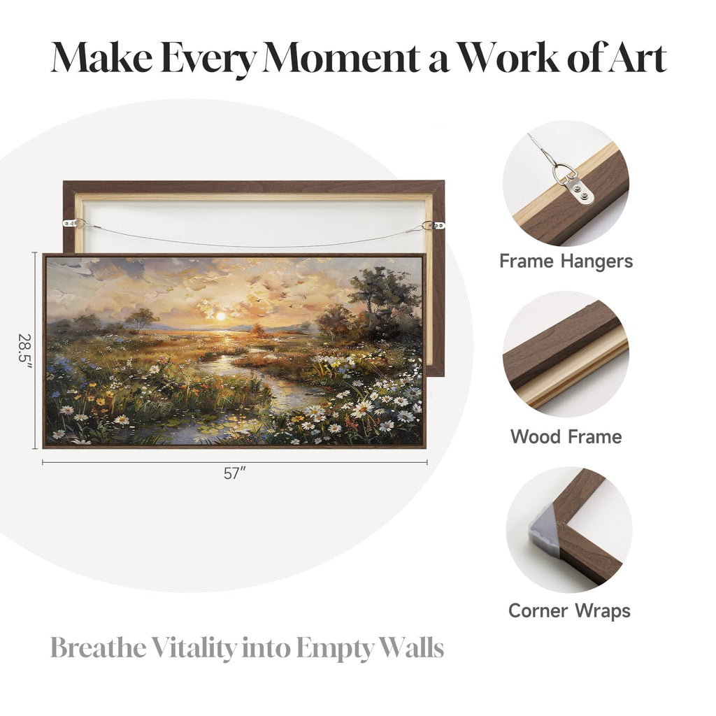 Large Framed Vintage Sunset Landscape Wall Art, 60x30 Inch