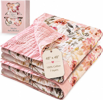 Muslin Baby Blanket 48x48-100% Cotton Reversible Layer Baby Girl Blanket - Large Soft Cotton Blanket for Newborns