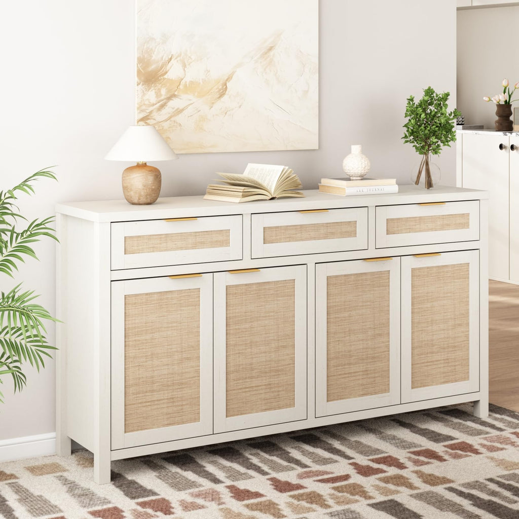 63" Rattan Sideboard Buffet Cabinet, Boho Storage Cabinet