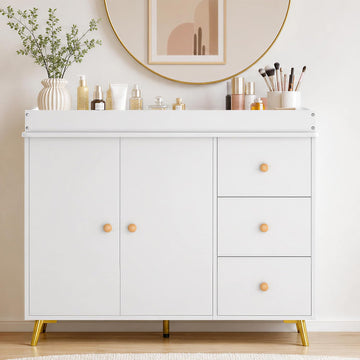Baby Changing Table, White Wooden Dresser with 3 Drawers and Cabinet | Diaper Station with Waterproof Changing Pad
