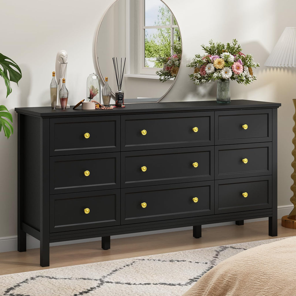 59" Black Dresser with 9 Drawer & Modern Gold Handles