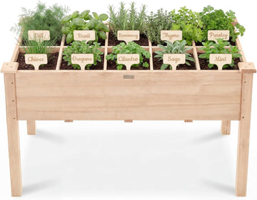 Raised Herb Garden Bed Planter Box - Elevated Wooden Planter with 10 Grid Growing Compartments, Drainage Holes