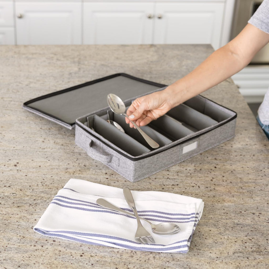 Flatware Storage Case with 5 Adjustable Compartments - Tableware Utensil Chest with Carrying Handles - Protects and