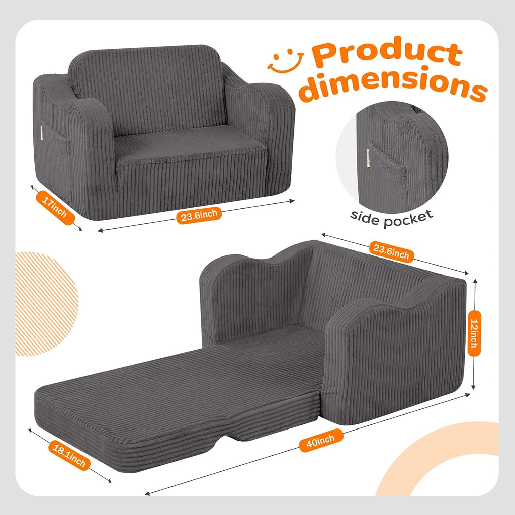 Kids Chair, in-1 Corduroy Fold Out Sofa, Foam Seat, Dark Grey