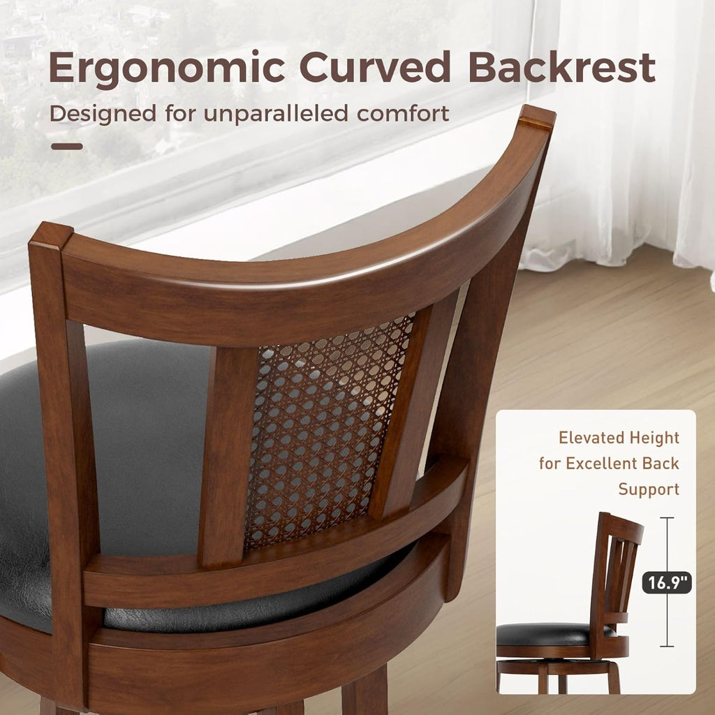 Swivel Bar Stools Set of 4, 26 Inch Counter Height Bar Stools, PU Leather Wood Bar Chairs with Backrest & Wrap-Around