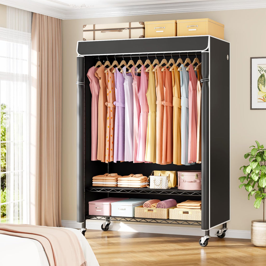 P6C Plus Rolling Clothes Rack with Cover, Covered Clothing Rack