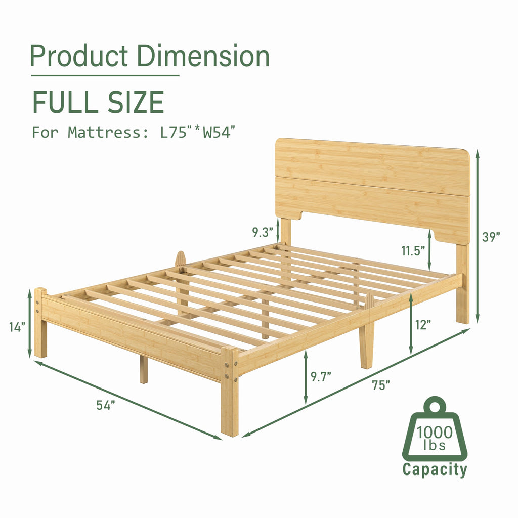 12" Full Size Bamboo Wood Platform Bed Frame with Headboard, Natural