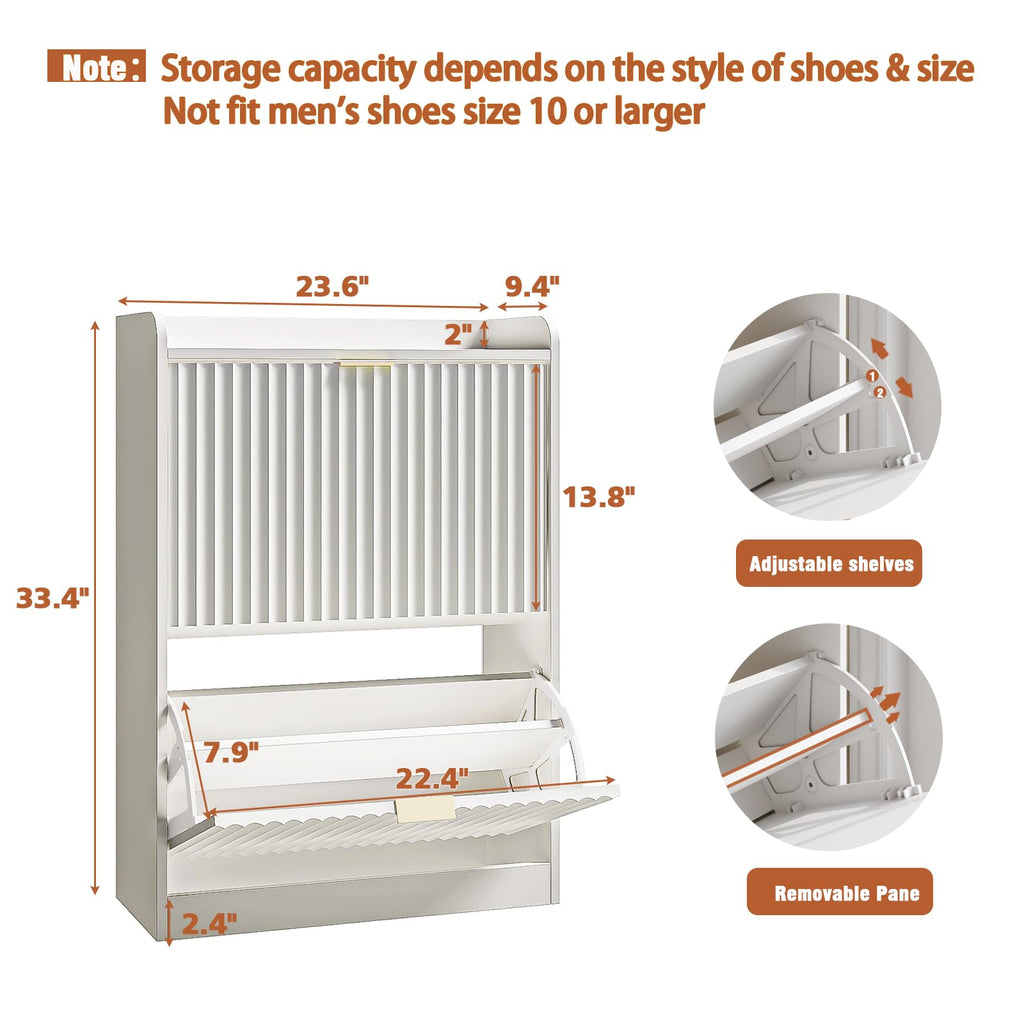 White Fluted Slim Shoe Cabinet Storage with 2 Flip Drawers