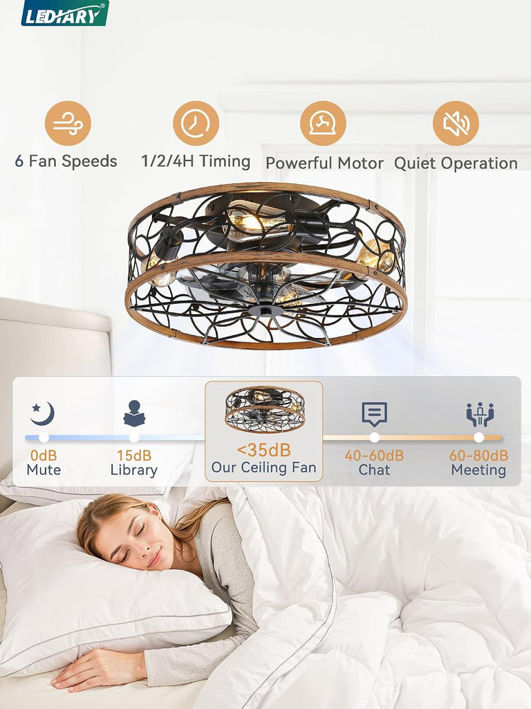Caged Ceiling Fan with Light, Flush Mount Fandalier with Remote