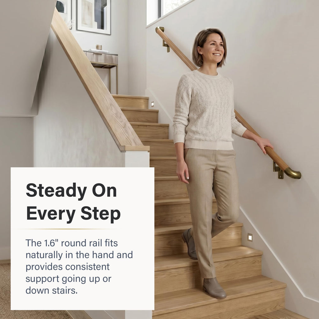 Walnut 7ft ADA Handrail Kit - Complete Indoor Stair Handrail - Modern 1.6" Round Genuine Wood Wrapped Aluminum Core