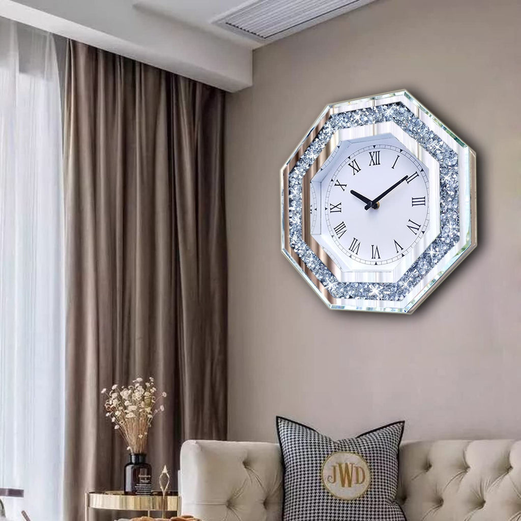 Wall Clock, Octagon Mirror Glass Clock, Cute Diamond 20-inch Non-Ticking Clock for Wall Décor, Perfect Home Decor