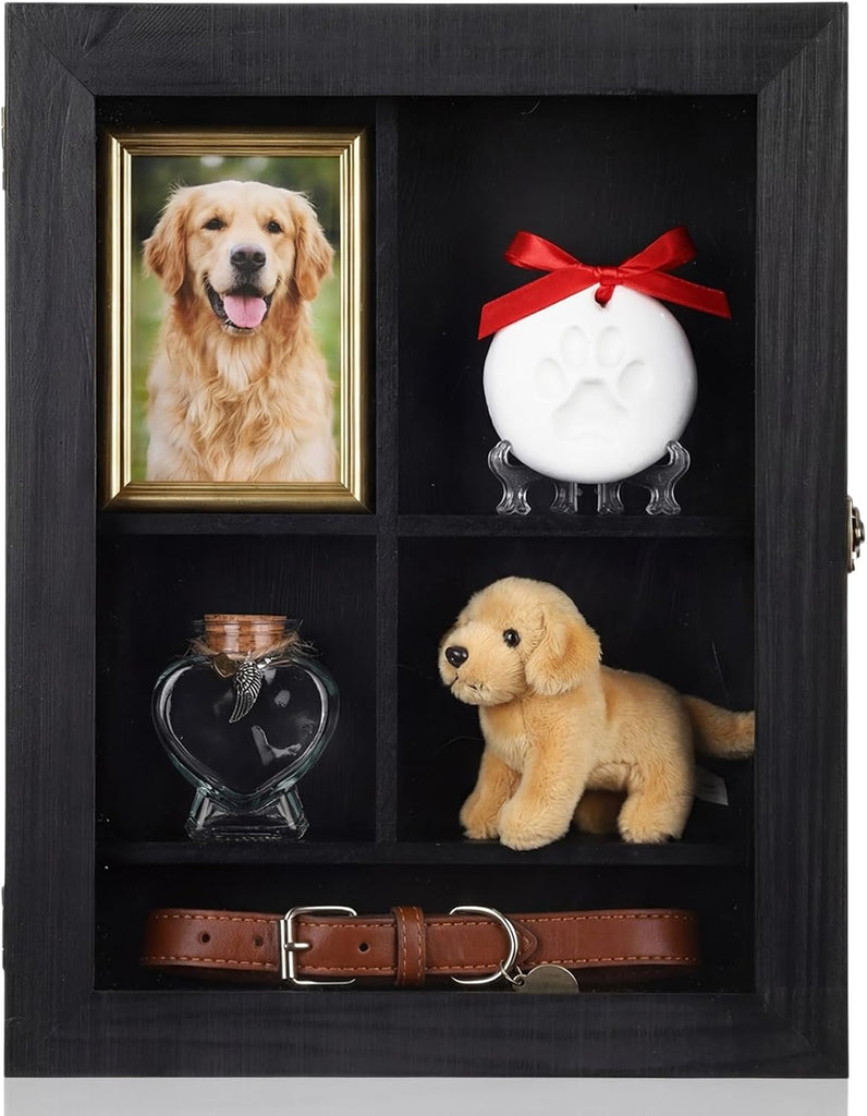 Black Pet Memorial Shadow Box with Heart Glass Bottle 14 x 11 in Dog Paw Print Clay Keepsake Display Frame for Lost