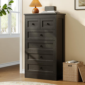 Tall 6 Drawer Dresser, Black Modern 43.3'' Tall Wood Chest of Drawers, Storage Organizer with Smooth Metal Rails &