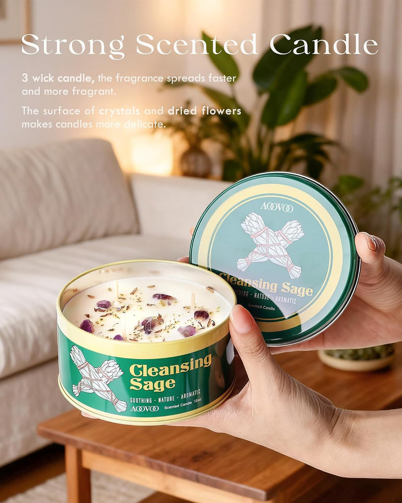 Sage Candle for Cleansing - 3 Wick 12oz Large Scented Candle with Crystals & Sage Leaves Inside, Soy Candles Non - Set of 12