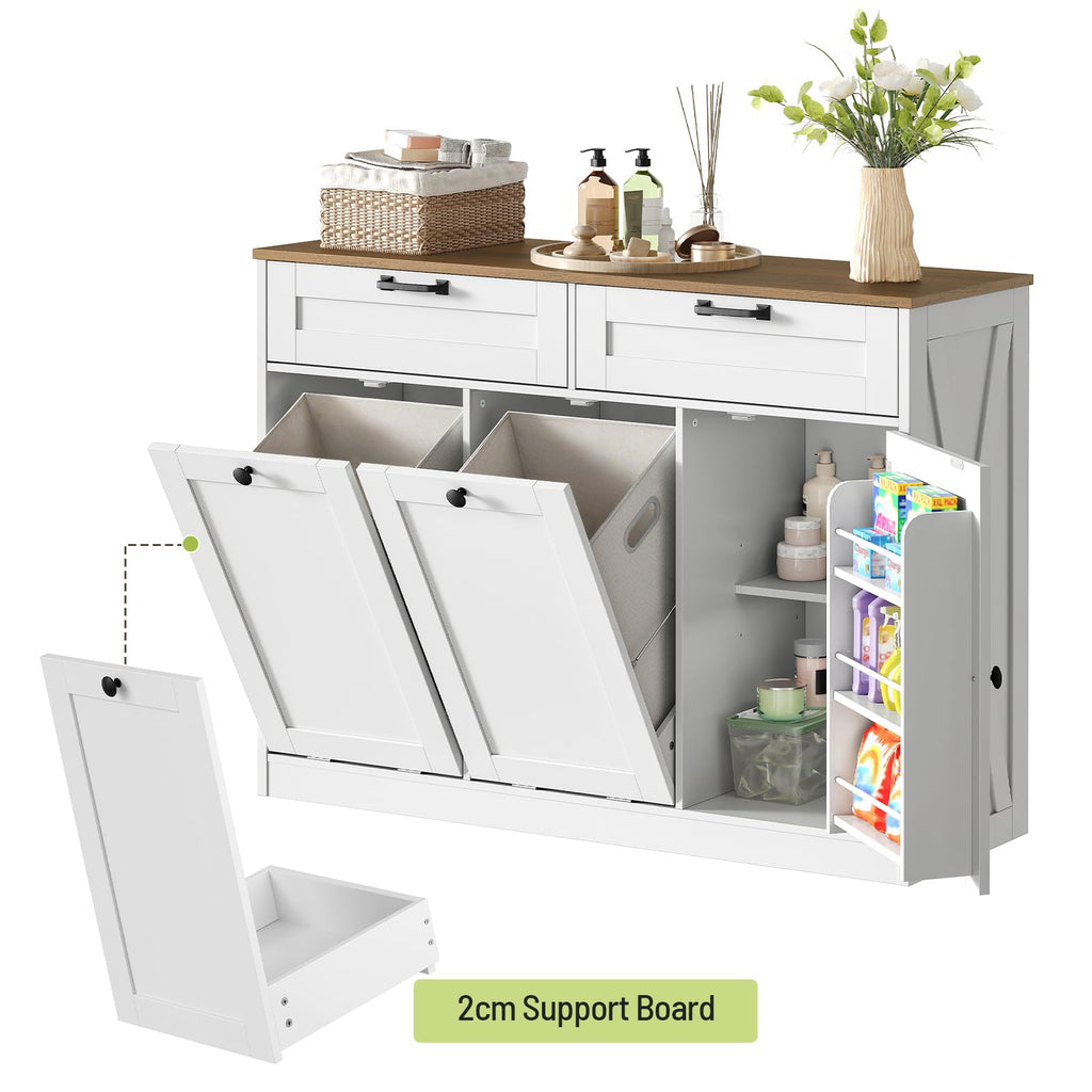 Double Tilt Out Laundry Hamper Cabinet, 43.3" Laundry Cabinet with 2 Removable Baskets, Farmhouse Wooden Hidden Trash