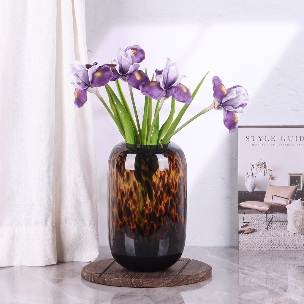 Amber Brown Glass Vase - Round Art Glass Vase with Tortoise Shell Pattern, Hand Blown Wide Mouth Decorative
