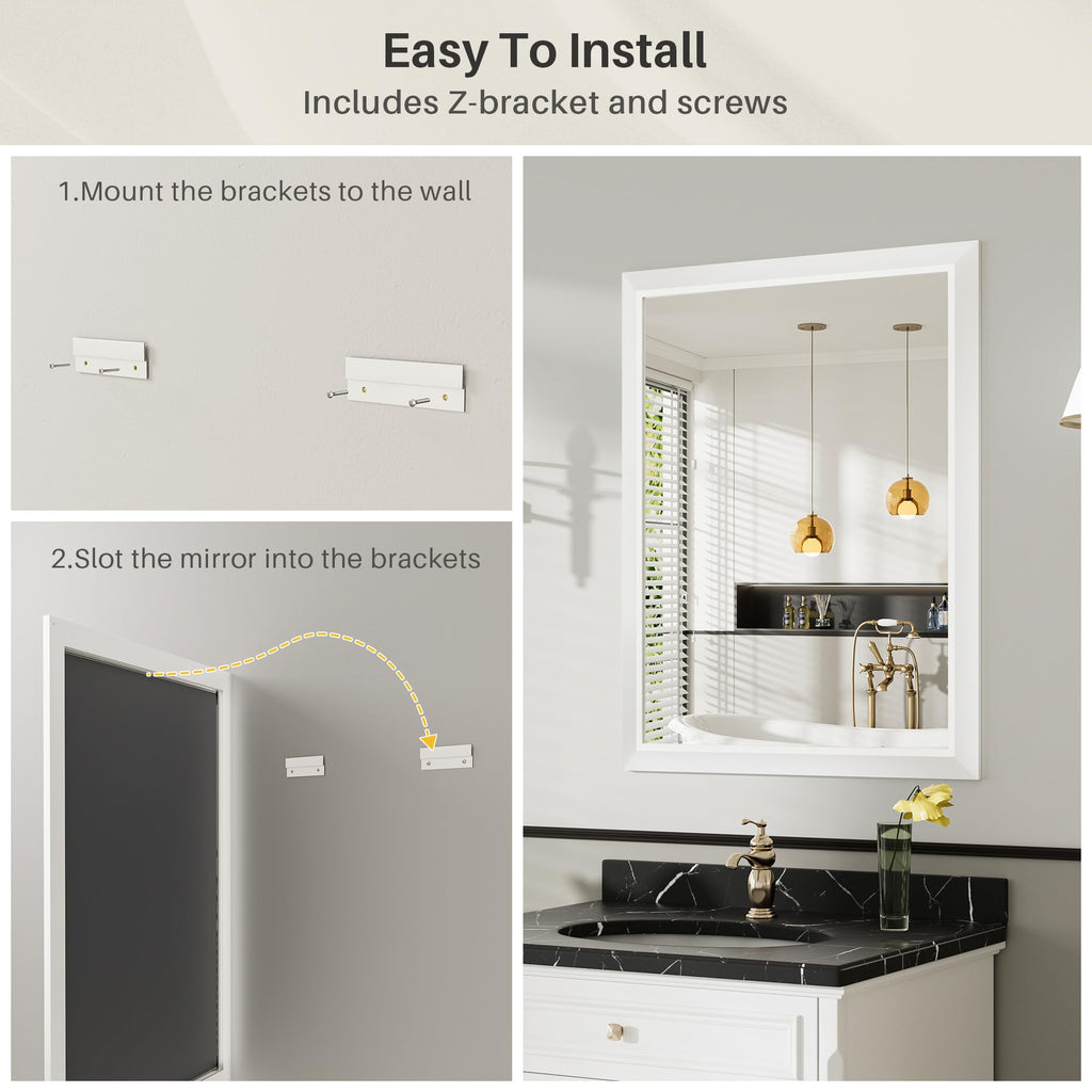 Bathroom Wall Mirror, White Metal Frame, 48x30 Inch