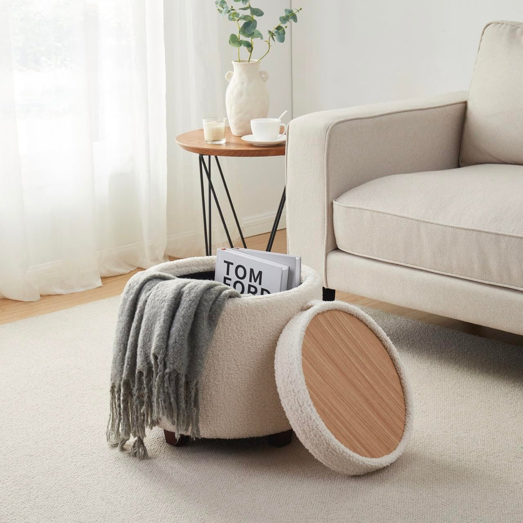 17" Round Storage Ottoman with Tray Top, Boucle Fabric, White