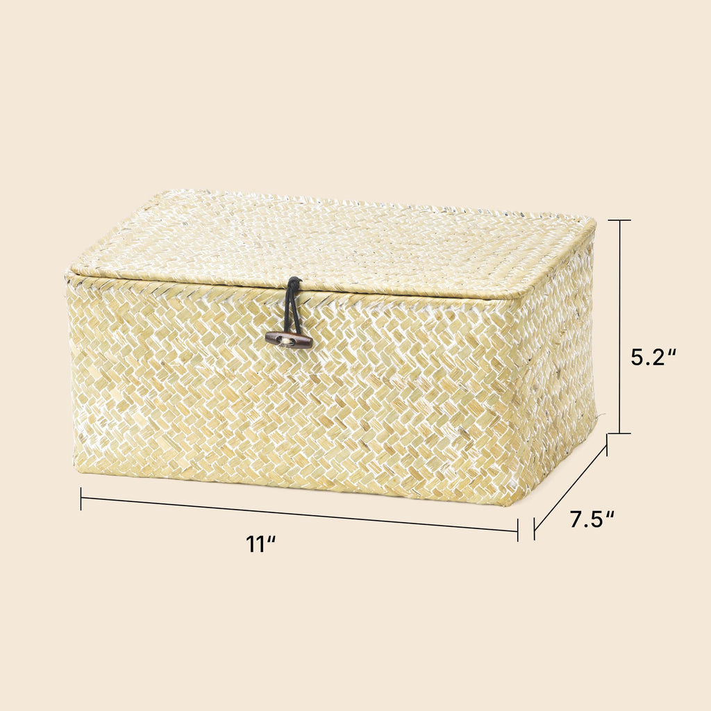 Medium Wicker Basket with Lid, Seagrass Shelf Storage Basket, White