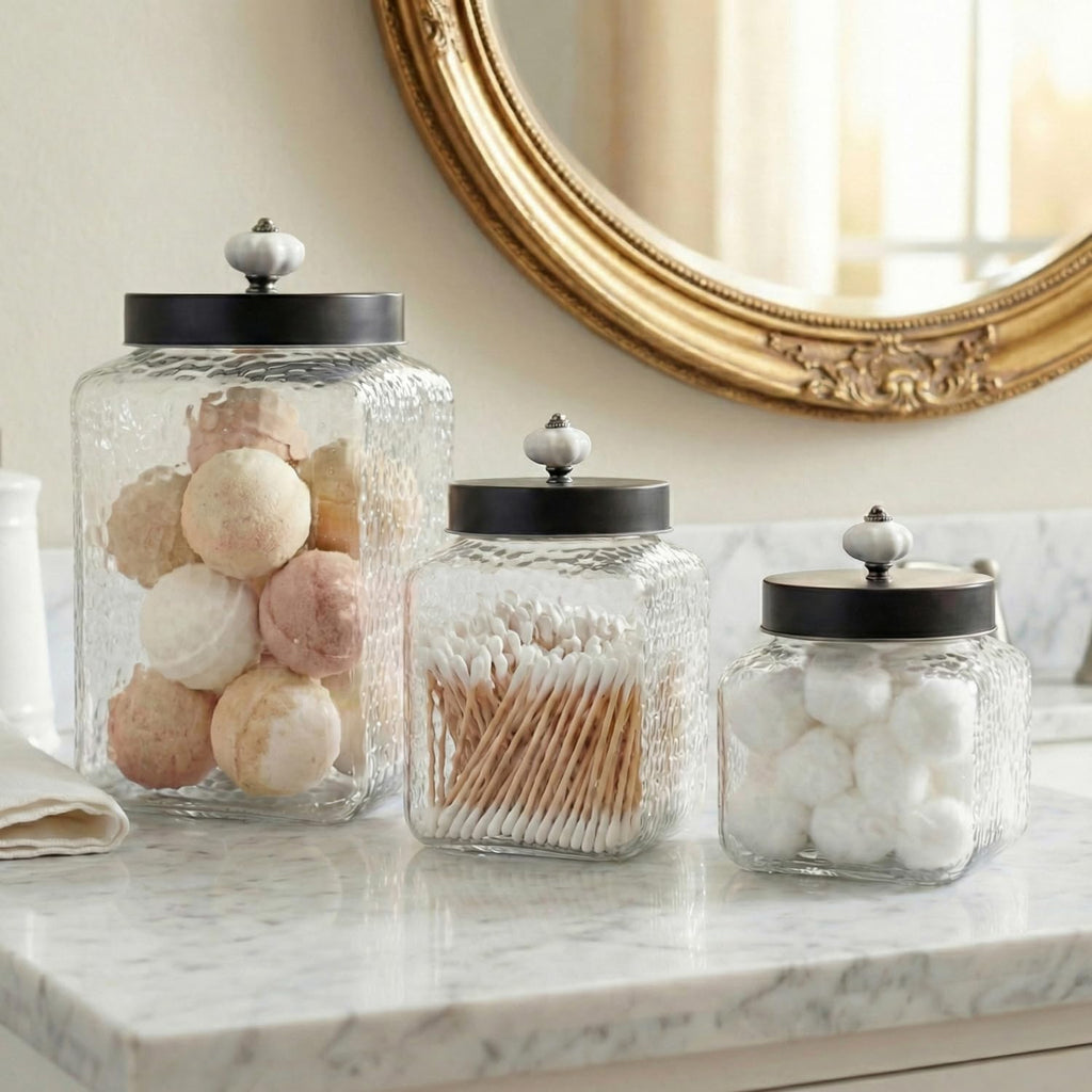 Clear Glass Kitchen Canisters Square Hammered, , 43/64/75oz - Set of 3