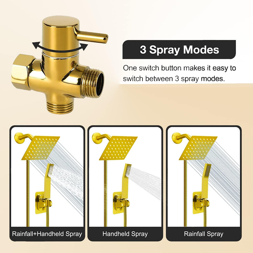 8"High Pressure Square Rain Shower Head and 2-in-1 Hand Shower.Equipped with 78"Hose, 3 Way Diverter Valve, Adhesive