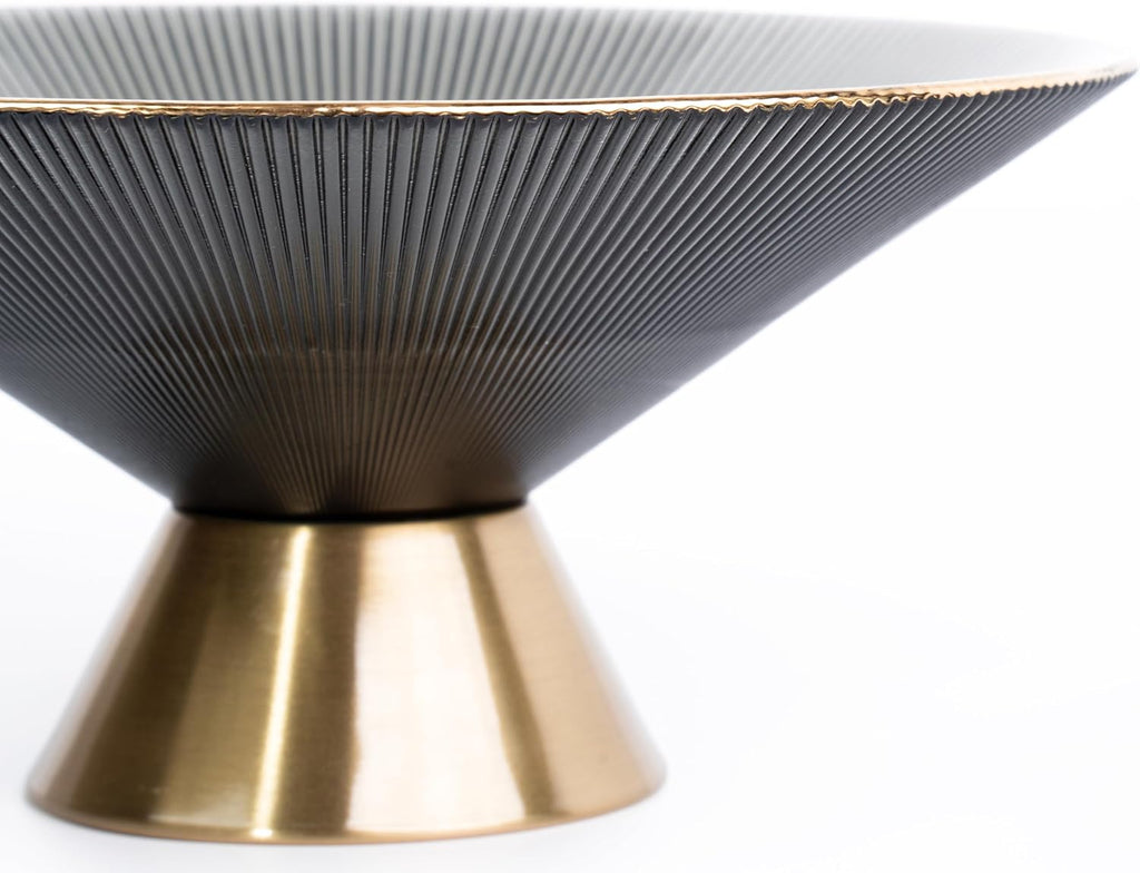 Tapered Glass Decorative Bowl(Gray), 9.8 Inches Handblown Striped Glass Bowl with Gold Trim and Rust Resistant Metal