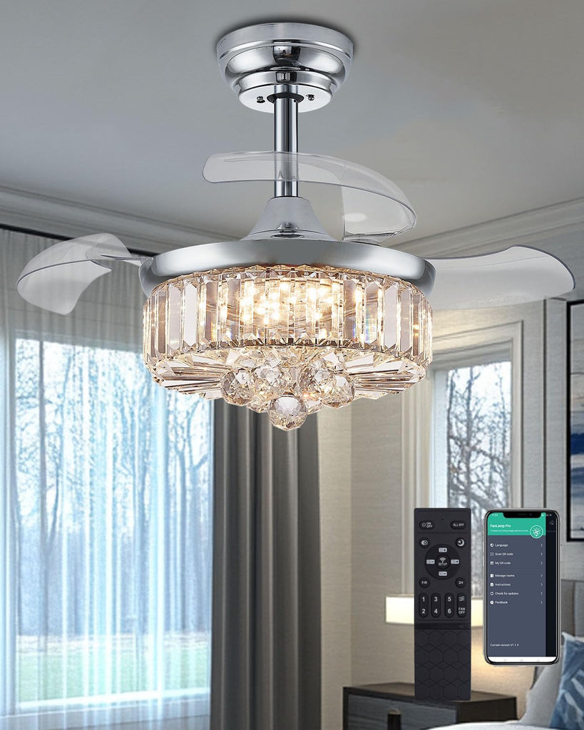30 Inch Crystal Fandelier Ceiling Fan with Light Dimmable Chandelier Ceiling Fans with Lights ,Chrome