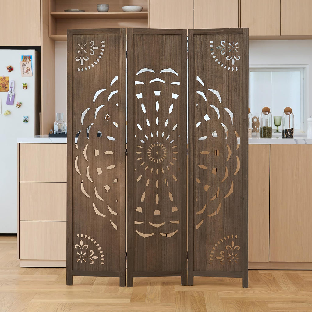 66.9Inch Wooden Room Partition - 3 Panels Boho-Styled Space Room Divider /Office, Headboard & Yoga/Photo/Video Call