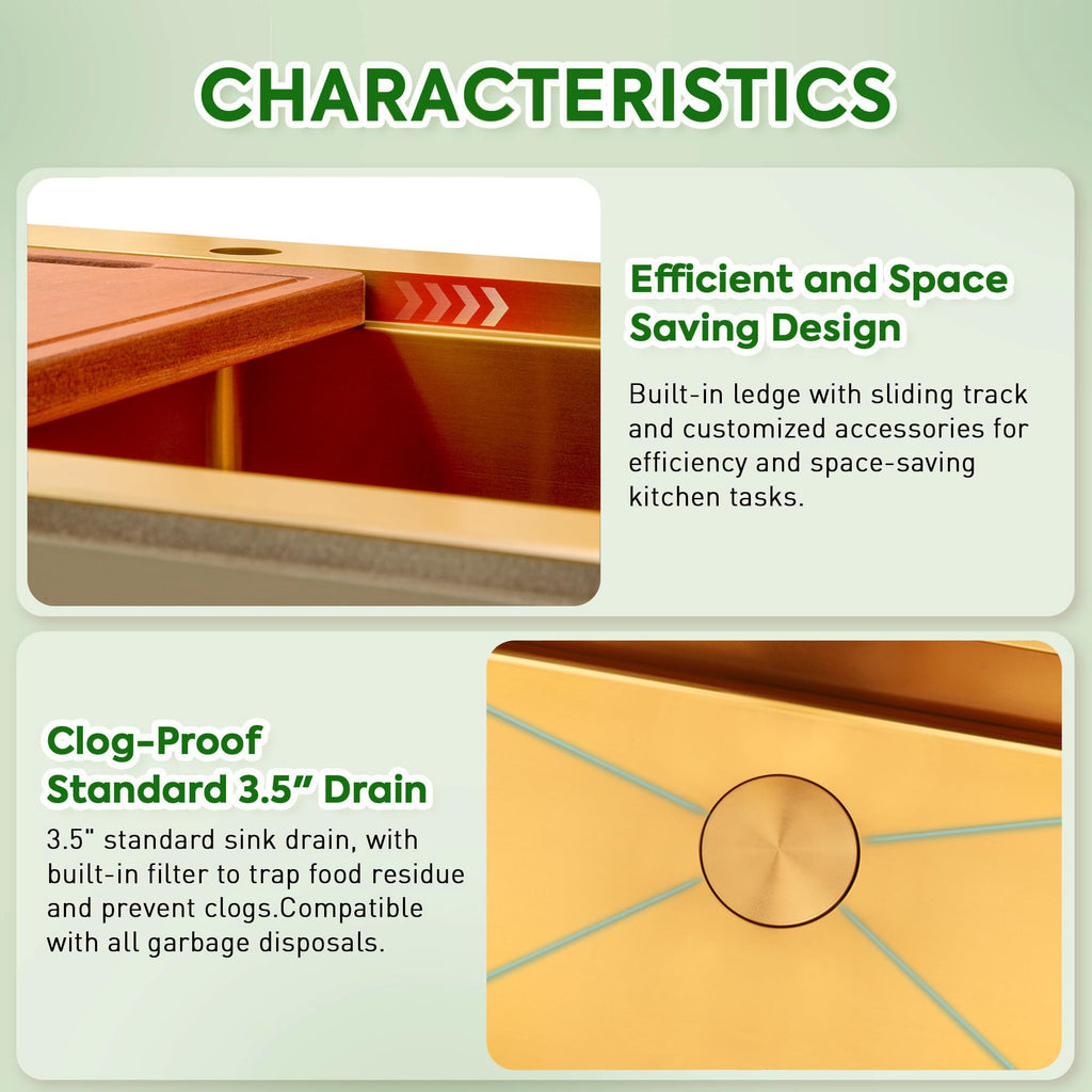 31 Inch Gold Drop- Sink, 16 Gauge Workstation Sink