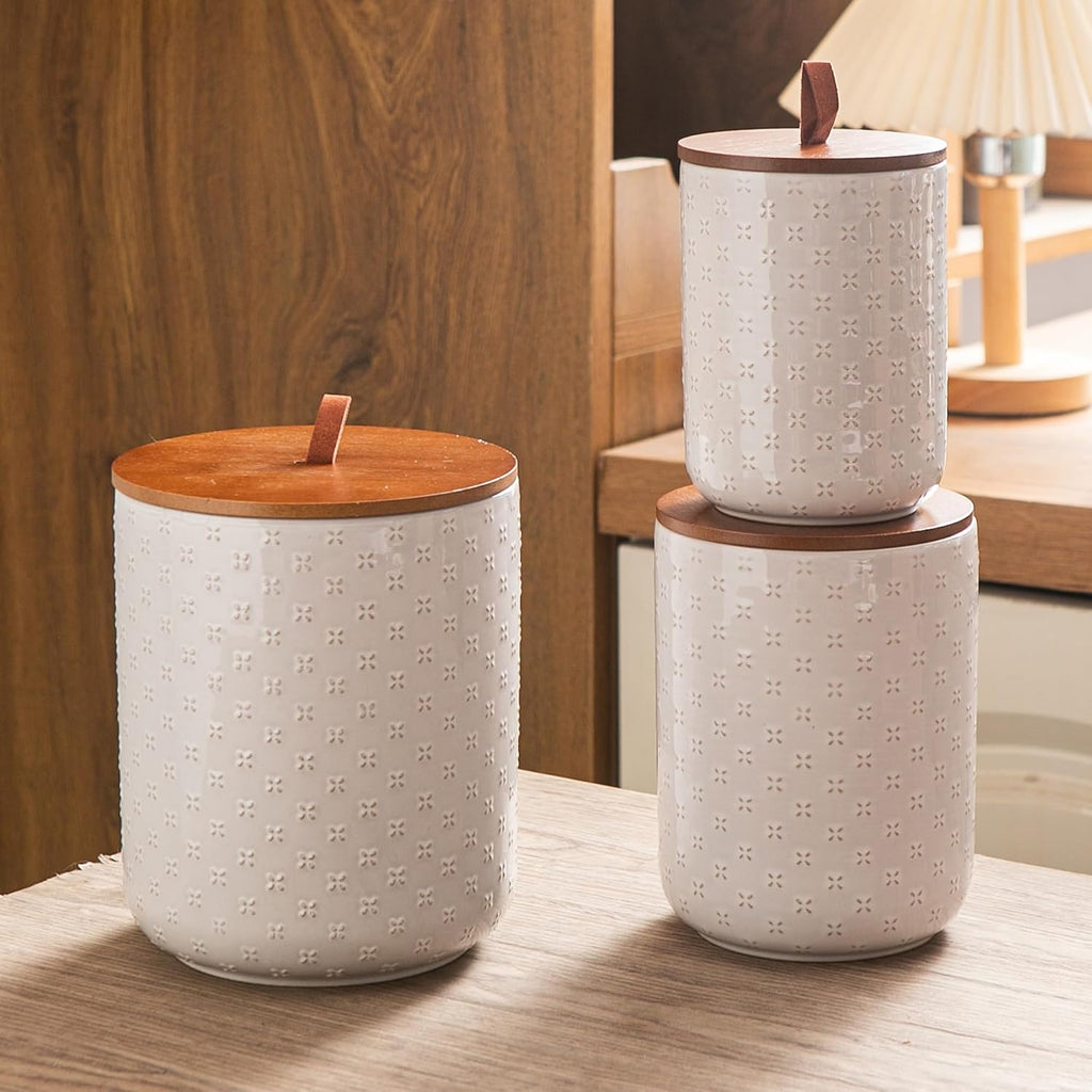 Embossed Ceramic Canister Set with Airtight Bamboo Lid - Set of 3