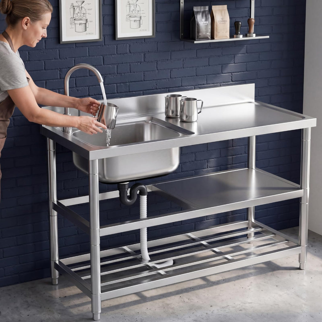 Free Standing Stainless-Steel Single Bowl Commercial Kitchen Sink w/Faucet