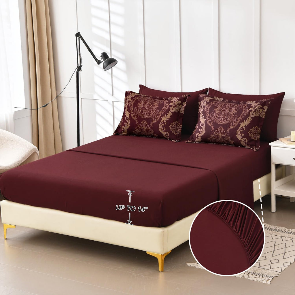 Burgundy Comforter Set Full Size, Maroon Damask Texture 7 Pieces Bed in a Bag Microfiber Comforter Bedding Sets -1