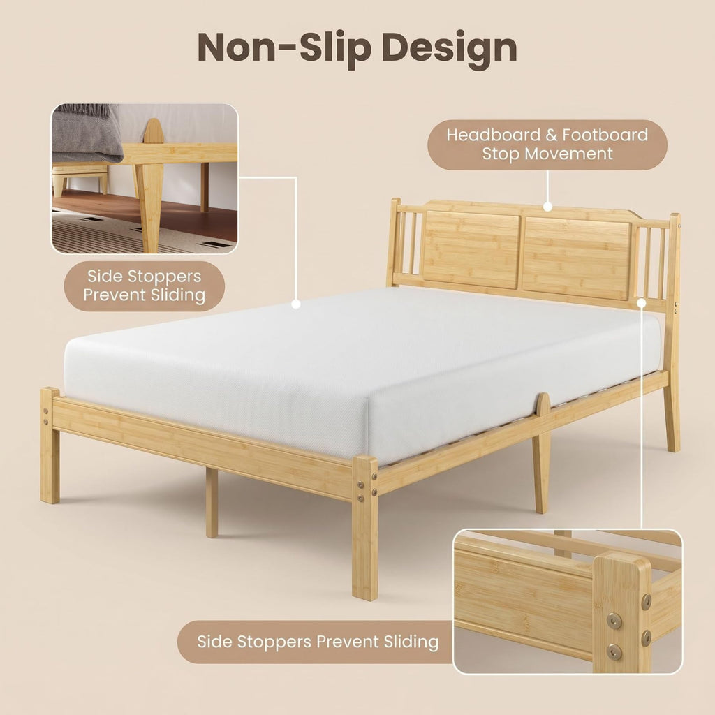 Bamboo Full Bed Frame with Headboard, 14 inch Wood Platform Bed Frames Full Size No Box Spring Needed, Rustic