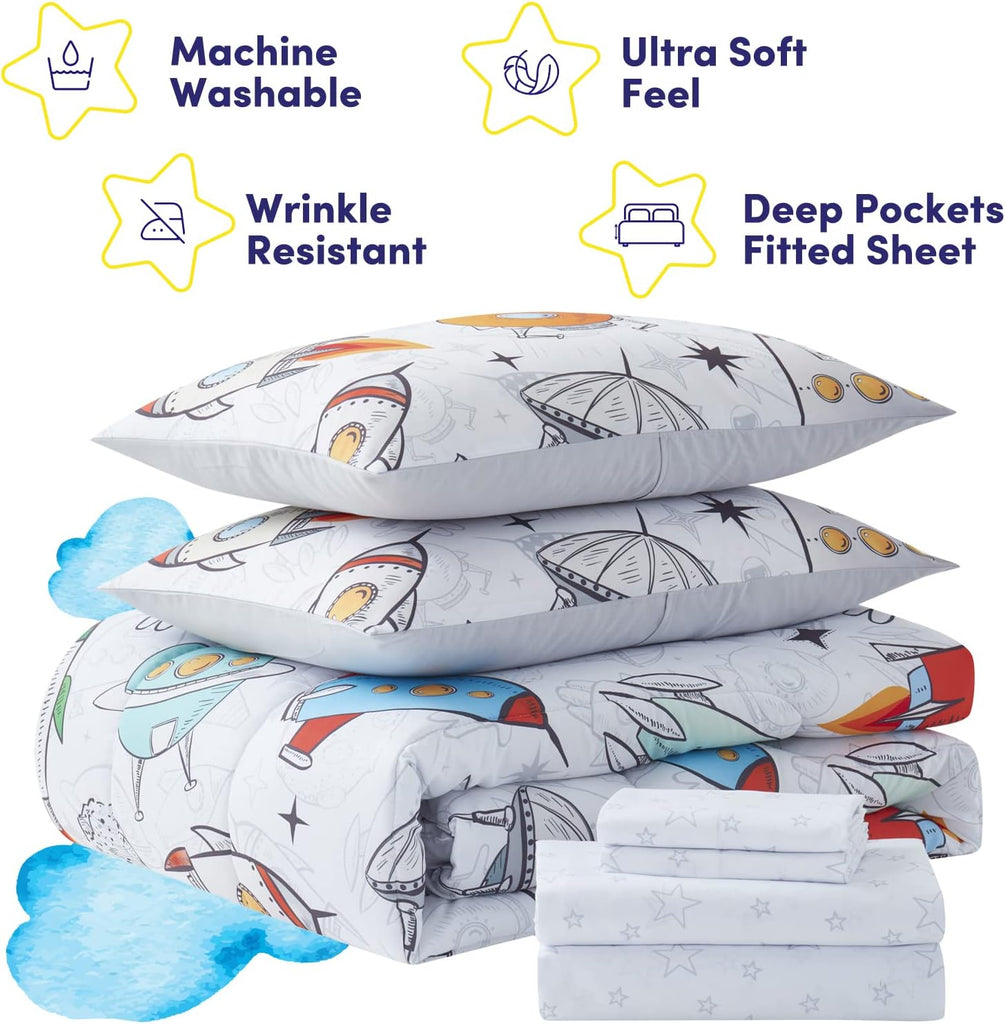 Kids Bedding Set Bed in a Bag for Boys and Girls Toddlers Printed Sheet Set and Comforter, Twin, Floating in Space