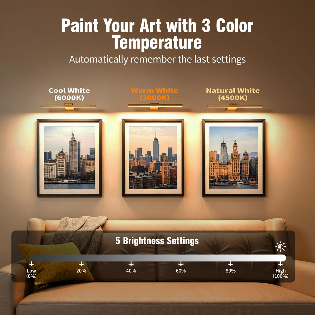 9'' Picture Light for Wall, 5000mAh Rechargeable Wall Lights, 3 Colors, Stepless Dimmable LED Art Painting Light