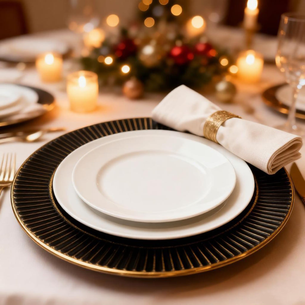 13" Antique Black Charger Plates Set of 6, Rim Ridged Plate Chargers, Round Charger for Dinner Plates, Plastic Table